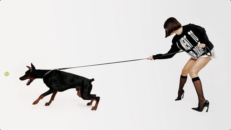 A woman in Court Date apparel playing fetch with a Doberman