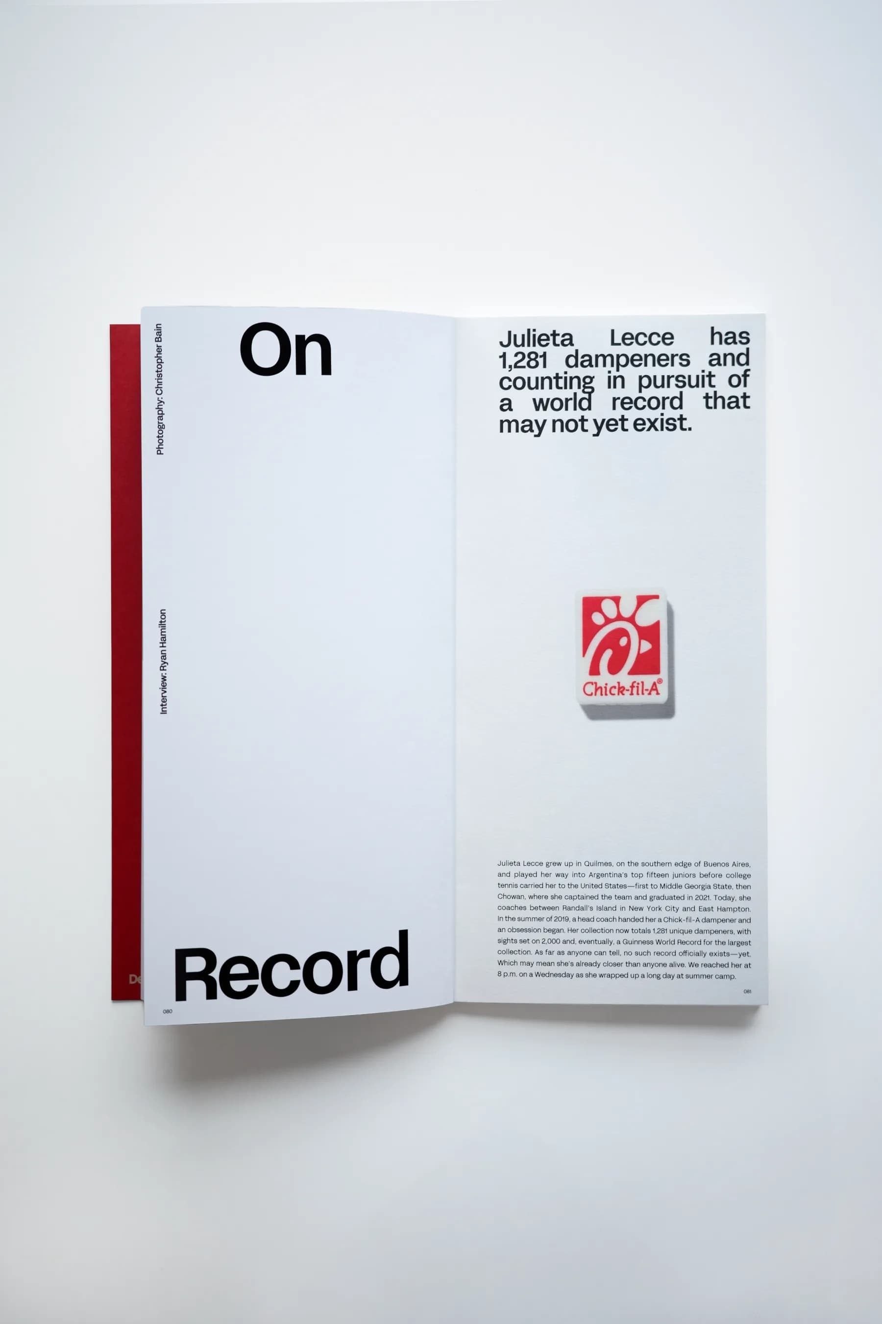 STRUNG: Issue 001 opened to the “On Record” title spread, a single dampener from Julieta Lecce’s collection at actual scale